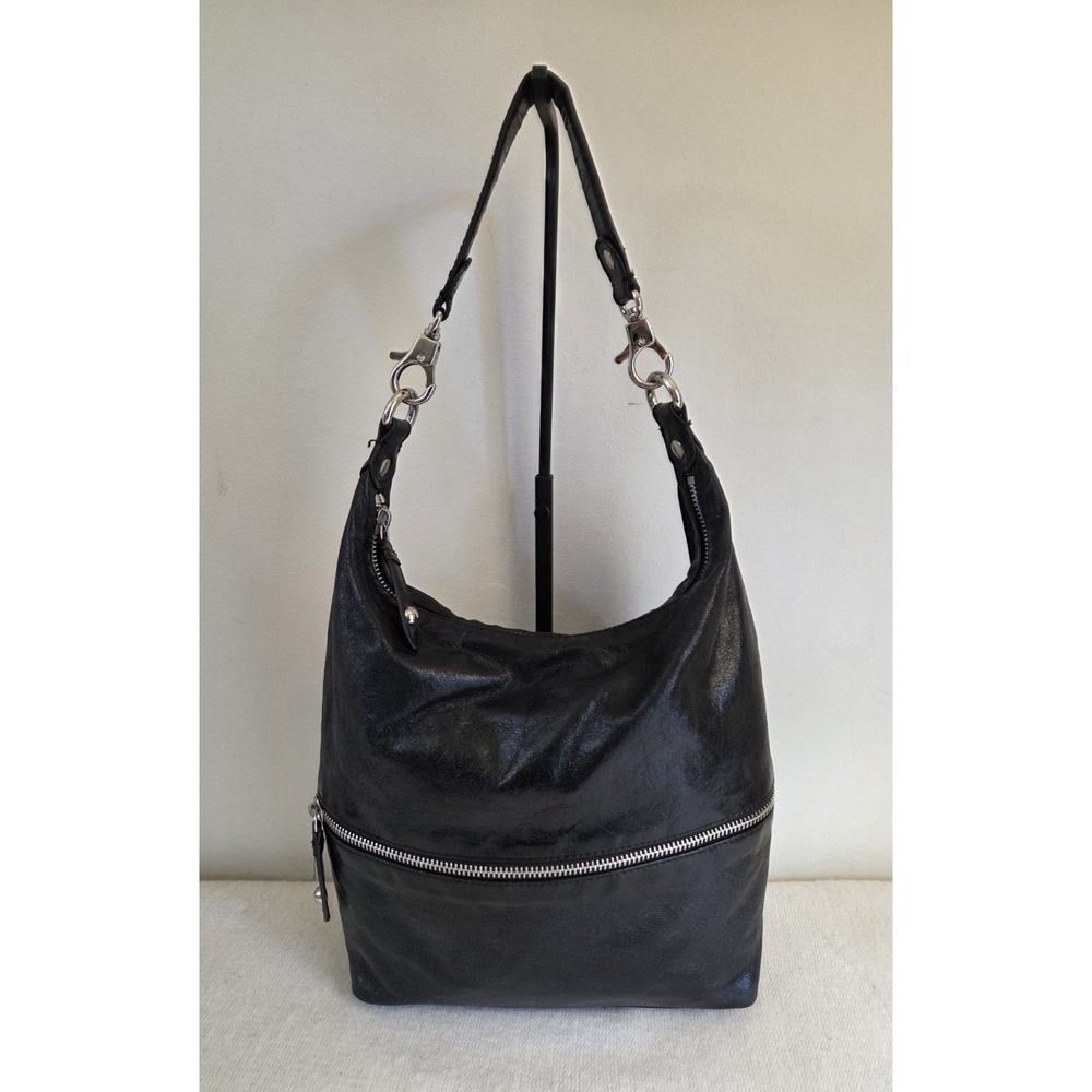 HOBO International Joelle Purse Black Polished Leather Shoulder Bag Silver Hardw